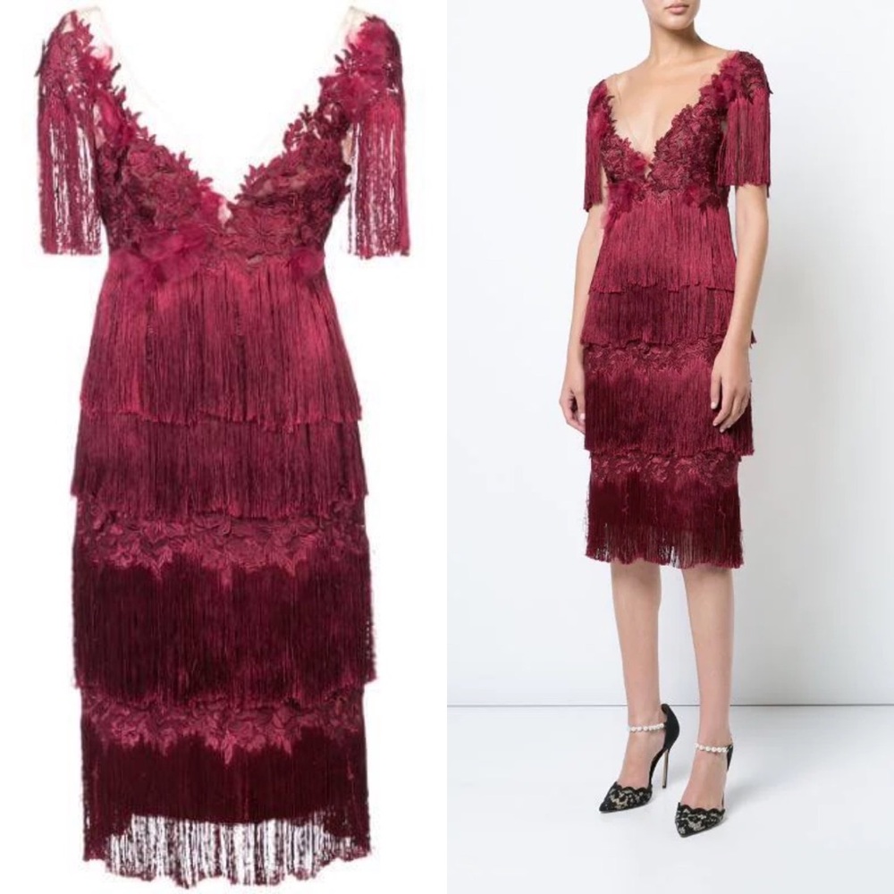 NWT Marchesa Notte Embroidered Fringed Midi Dress